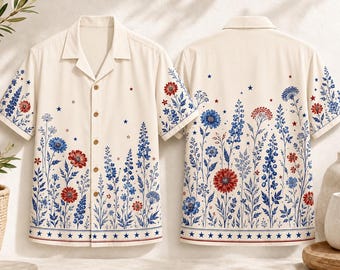 Vatertowistisches Hawaiihemd mit Blumenmuster, 4. Juli Aloha Hemd, rot-blaue Blume durchgeknöpft, USA Sommerferien Hemd, Unabhängigkeitstag Party