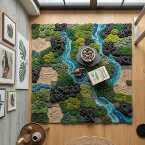 Puede incluir: Una alfombra grande y texturizada con un diseño de paisaje que presenta un río, árboles y formaciones rocosas. La alfombra incorpora tonos de verde, azul y gris. Una pequeña estatua de pájaro y un libro abierto con ilustraciones botánicas están colocados sobre la alfombra.
