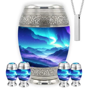 Aurora Mountains Cremation Urns For Human Ashes – Personalized Large Urn, Keepsake and NecklaceUrn Set