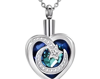 Moon And Star Crystal Cremation Necklace for Adult  Female - Memorial Jewelry