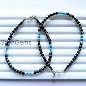 Black Spinel Stone Bracelet Set: Faceted Rondelle Beads, Sterling Silver