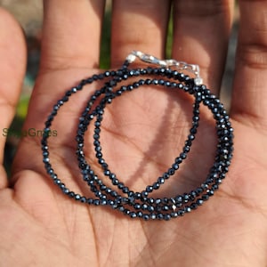 2mm Faceted Black Diamond Beads Necklace: Sterling Silver Clasp