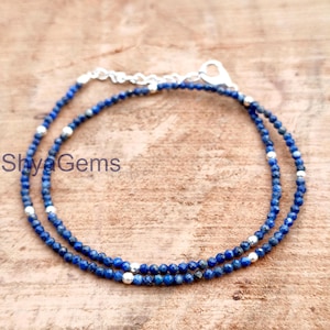 Faceted Lapis Lazuli Rondelle Beads: 2mm Sterling Silver Necklace
