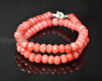 Faceted Coral Beaded Necklace 8mm, Orange Rondelle Gemstone Necklace, Sterling Silver Jewelry, Bold Statement Necklace, Boho Gift for Her