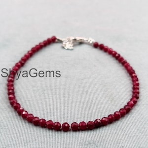 Faceted Ruby Bracelet, 3mm Round Gemstone Beads, Sterling Silver Clasp, July Birthstone Jewelry, Handmade Dainty Crystal Bracelet