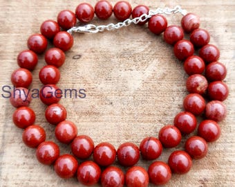 Red Jasper Beaded Necklace, 8mm Smooth Gemstone Beads, Sterling Silver Necklace, Natural Jasper Jewelry, Gift for Her, Handmade