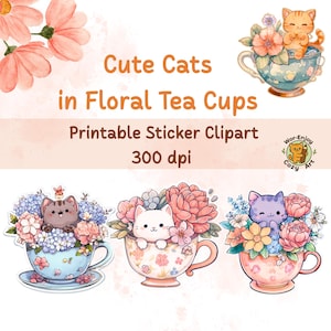 Süße Katze Clip Art, süsse Katzen in Blumen Tee Tassen - Printable Sticker Bogen, Sticker Bogen