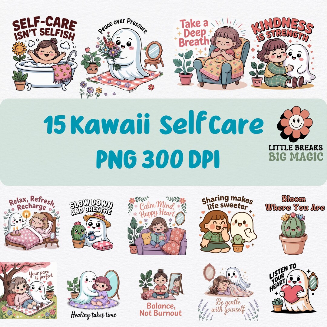 Self Care Kawaii Stickers Clipart | Cute Ghost & Girl Digital Stickers ...