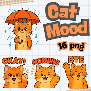 Cute Cat Clipart Digital Stickers – Kawaii Cat Moods PNG Clipart, Stickers sheet for Good notes & Planners,