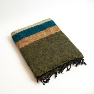 Pode incluir: Cachecol verde-oliva dobrado com listras turquesa, bronze e prateadas. O cachecol tem uma trama texturizada e franjas pretas ao longo de uma borda. Este cachecol é adequado para climas frios.