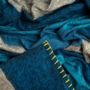 May include: A blue and gray striped throw blanket with a yellow stitched border. The blanket is made of a soft, fuzzy material and is perfect for cuddling up on the couch.