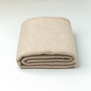 May include: Folded beige blanket. The blanket is made of a woven fabric and has a smooth, soft texture. The edges are neatly finished, and the blanket is folded into a compact square shape. The neutral color makes it suitable for various home decor styles.