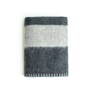 May include: A gray and white striped throw blanket with a fuzzy texture. The blanket is folded and has a white stitched edge.