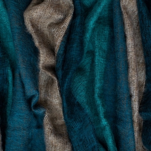 May include: A close-up of a teal and beige striped fabric. The fabric is soft and textured, with a subtle sheen.