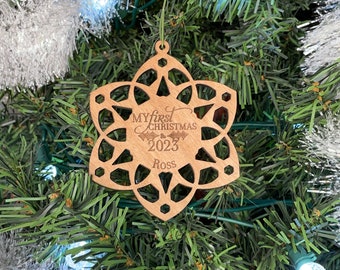 Baby Christmas Ornament, Baby's 1st Christmas, Personalized Wood Snowflake Ornament, Custom Engraved Ornament, First Christmas Ornament