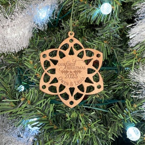 Our First Christmas Ornament, Personalized Wedding Wood Snowflake, Custom Laser Engraved