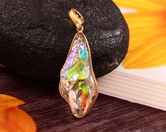 Engel Aura Quarz Anhänger, Rohkristall Halskette, Vergoldetes 925 Sterling Silber, Boho Schmuck