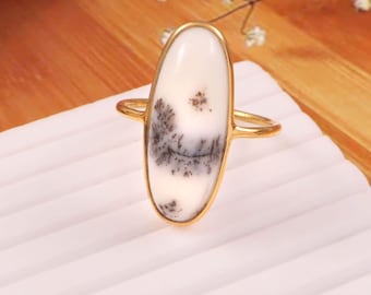 Dendritic Agate Ring: Gold-Plated Sterling Silver Minimalist Band