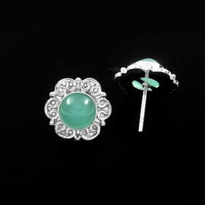 Green Chalcedony Floral Stud Earrings | 925 Sterling Silver Studs | Handmade Gemstone Earrings | Gift for Her | Boho Silver Jewelry