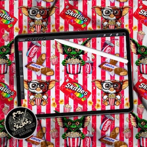 Gremlins, film, popcorn, snoep, herhalend bestand, png, beker, dtf, uvdtf, stof, outfits, naadloos bestand