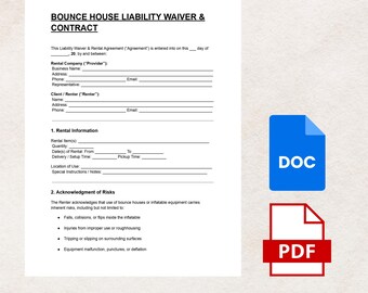 May include: A white document titled "BOUNCE HOUSE LIABILITY WAIVER & CONTRACT" with fillable fields for rental information. Includes a blue DOC icon and a red PDF icon.