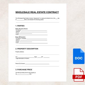 May include: A white Wholesale Real Estate Contract document with the title "WHOLESALE REAL ESTATE CONTRACT" in bold black text. The document includes sections for parties, property description, and purchase price. A blue DOC icon and a red PDF icon are in the lower right corner.
