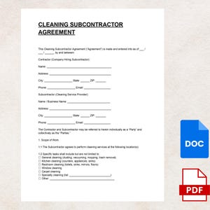 Cleaning Subcontractor Agreement Template – Professional Editable Contract for Cleaning Companies And Independent Subcontractors (DOC & PDF)