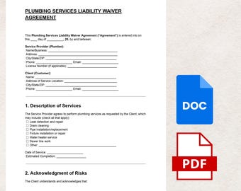 Plumbing Services Haftungsausschluss Vorlage DOC & PDF | Bearbeitbarer Klempnervertrag | Sofort Download