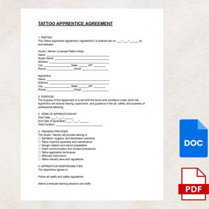 May include: A white document titled "TATTOO APPRENTICE AGREEMENT" with fillable fields for parties involved, including studio/mentor and apprentice details. The document outlines training, responsibilities, and terms. A blue "DOC" icon and a red "PDF" icon are in the lower right corner.