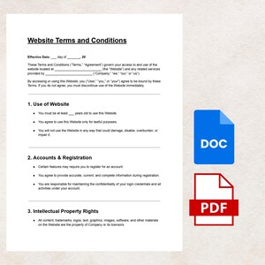 Puede incluir: Un documento titulado "Términos y condiciones del sitio web" con texto que describe los términos de uso. Incluye iconos azules "DOC" y rojos "PDF". El documento detalla el uso del sitio web, el registro de la cuenta y los derechos de propiedad intelectual.