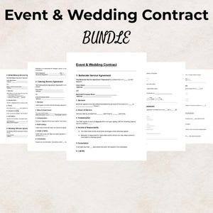 May include: A bundle of event and wedding contract templates. The title "Event & Wedding Contract BUNDLE" is displayed in black, with the word "BUNDLE" in a cursive font. Several contract pages are visible, including a bartender service agreement and catering service agreement.