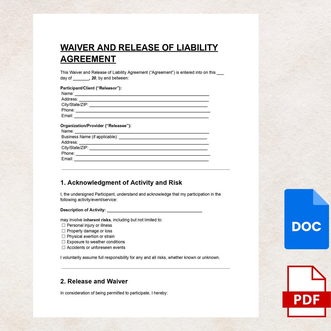 Editable Liability Waiver Template: Legal Contract for Business (DOC ...
