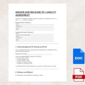 Waiver and Release of Liability Agreement | Editable Legal Contract Template | Digital Download Waiver Form DOC & PDF