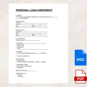 Puede incluir: Un documento blanco titulado "ACUERDO DE PRÉSTAMO PERSONAL" con campos rellenables para la información del prestamista y del prestatario, los detalles del préstamo, la tasa de interés y los términos de pago. Incluye iconos DOC y PDF.