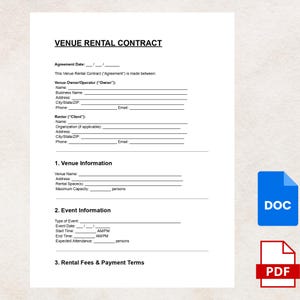 Puede incluir: Un documento blanco titulado "CONTRATO DE ALQUILER DE LOCAL" con campos rellenables para los detalles del acuerdo, la información del local y los detalles del evento. Incluye iconos DOC y PDF.