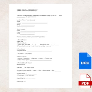 Könnte beinhalten: Ein Zimmermietvertrag-Dokument mit ausfüllbaren Feldern für Vermieter- und Mieterinformationen. Enthält Abschnitte zu Mietbedingungen, Raumdetails und Miet-/Kaution. Ein blaues DOC-Symbol und ein rotes PDF-Symbol befinden sich unten rechts.