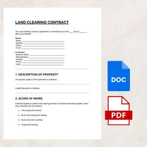 May include: A Land Clearing Contract document with fields for owner and contractor information, and sections for property description and scope of work. Includes a blue DOC icon and a red PDF icon.