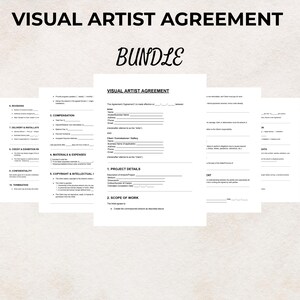 May include: A bundle of visual artist agreement templates. The title "VISUAL ARTIST AGREEMENT" is at the top, with "BUNDLE" in cursive below. Several pages of the agreement are visible, with sections for revisions, compensation, and project details.