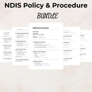 Peut inclure: Un ensemble de documents sur la politique et la procédure NDIS. Les documents comprennent une page de couverture, une introduction, une mission et une portée des services. Les documents sont blancs avec du texte noir.