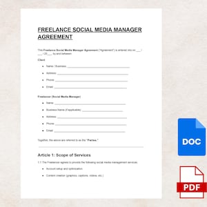 Freelance Social Media Manager Agreement | Editable Contract Template for Clients And Managers | Digital Download DOC & PDF