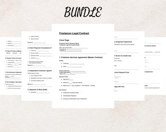 May include: A bundle of legal contract templates for freelancers. The image shows several white pages with black text, including a cover page, service agreement, and assignment agreement. The word "BUNDLE" is written in a cursive font.