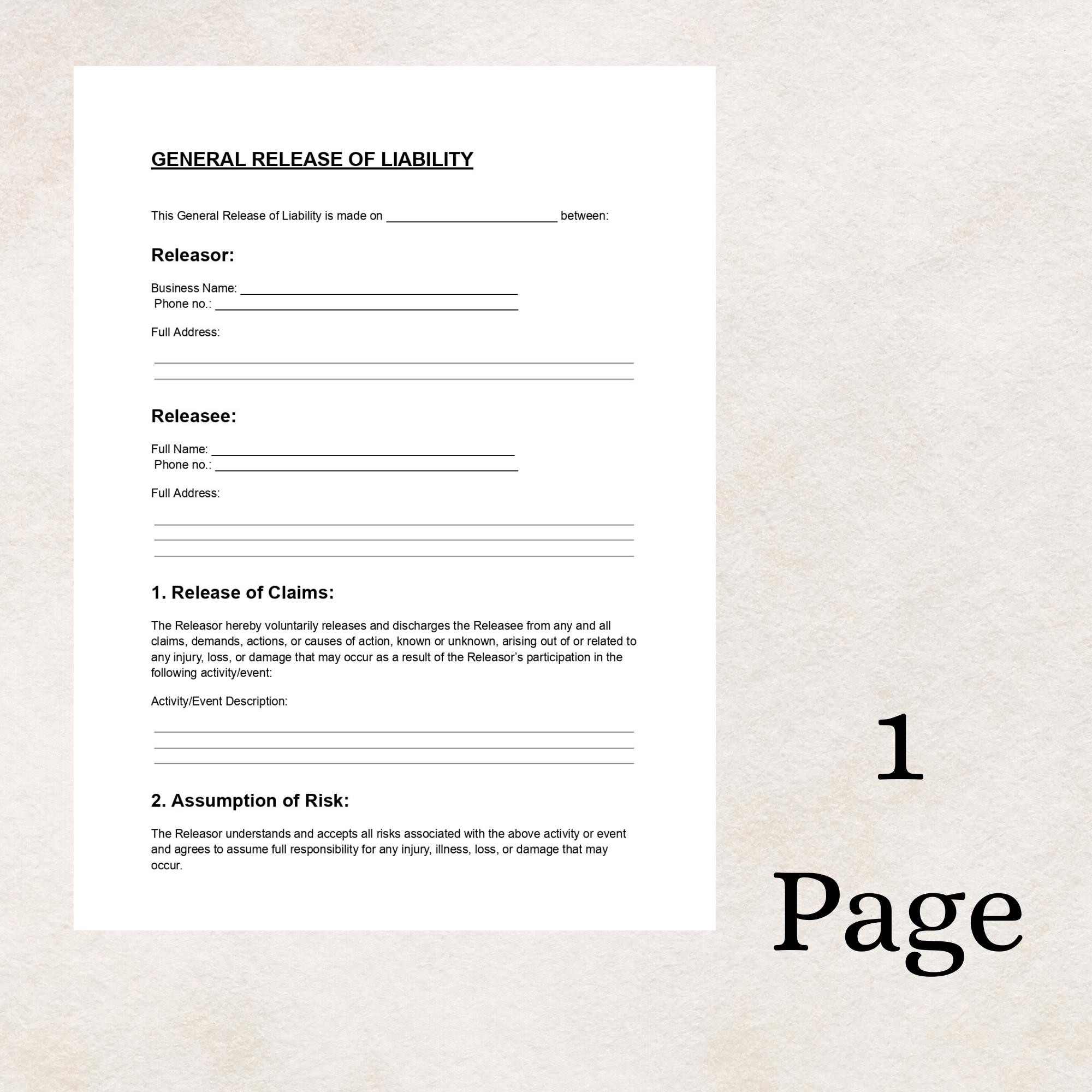 General Release of Liability Template DOC & PDF | Liability Waiver Form ...