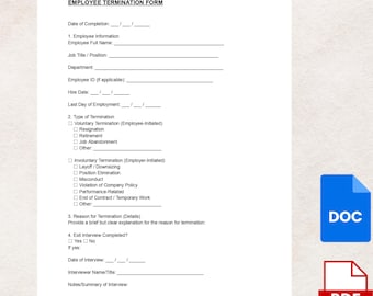 May include: A white Employee Termination Form with fillable fields for employee information, termination details, and interview notes. Includes DOC and PDF icons in the bottom right corner.