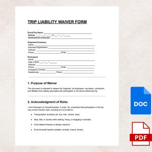 May include: A Trip Liability Waiver Form, a document with fillable fields for event details, participant information, and acknowledgment of risks. Includes a DOC and PDF icon in the lower right corner.