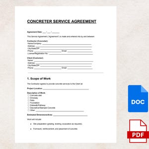 Può includere: Un documento di Accordo di Servizio Concreter con campi compilabili per le informazioni sull'appaltatore e sul cliente. Il documento include sezioni per l'ambito dei lavori, la posizione del progetto e le dimensioni stimate. Un'icona DOC blu e un'icona PDF rossa si trovano nell'angolo in basso a destra.