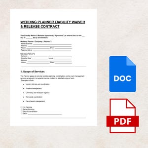 May include: A wedding planner liability waiver and release contract document with a blue DOC icon and a red PDF icon. The document includes sections for wedding planner and client information, and a scope of services.
