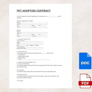May include: A printed pet adoption contract with sections for adoption details, pet description, and adopter responsibilities. The document includes fields to be completed. A blue DOC icon and a red PDF icon are in the lower right corner.