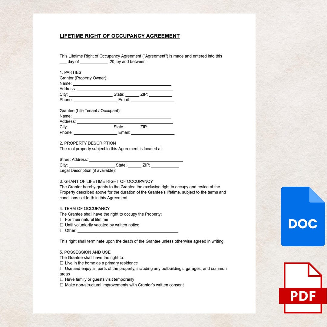 Life Estate Residency Contract: Lifetime Right of Occupancy Agreement ...