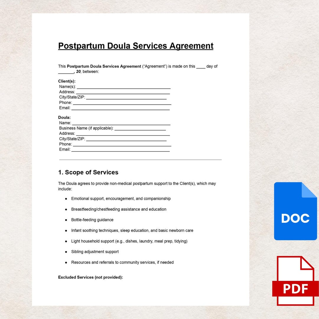 Postpartum Doula Services Agreement Template Editable Contract