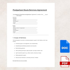 Puede incluir: Un documento blanco titulado "Postpartum Doula Services Agreement" con campos rellenables para la información del cliente y la doula. El documento describe servicios como apoyo emocional, educación sobre lactancia materna y cuidado infantil. Iconos "DOC" y "PDF".